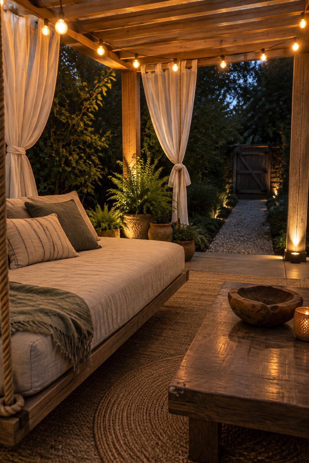 Cozy wooden daybed with pillows under string lights on patio with plants and rug