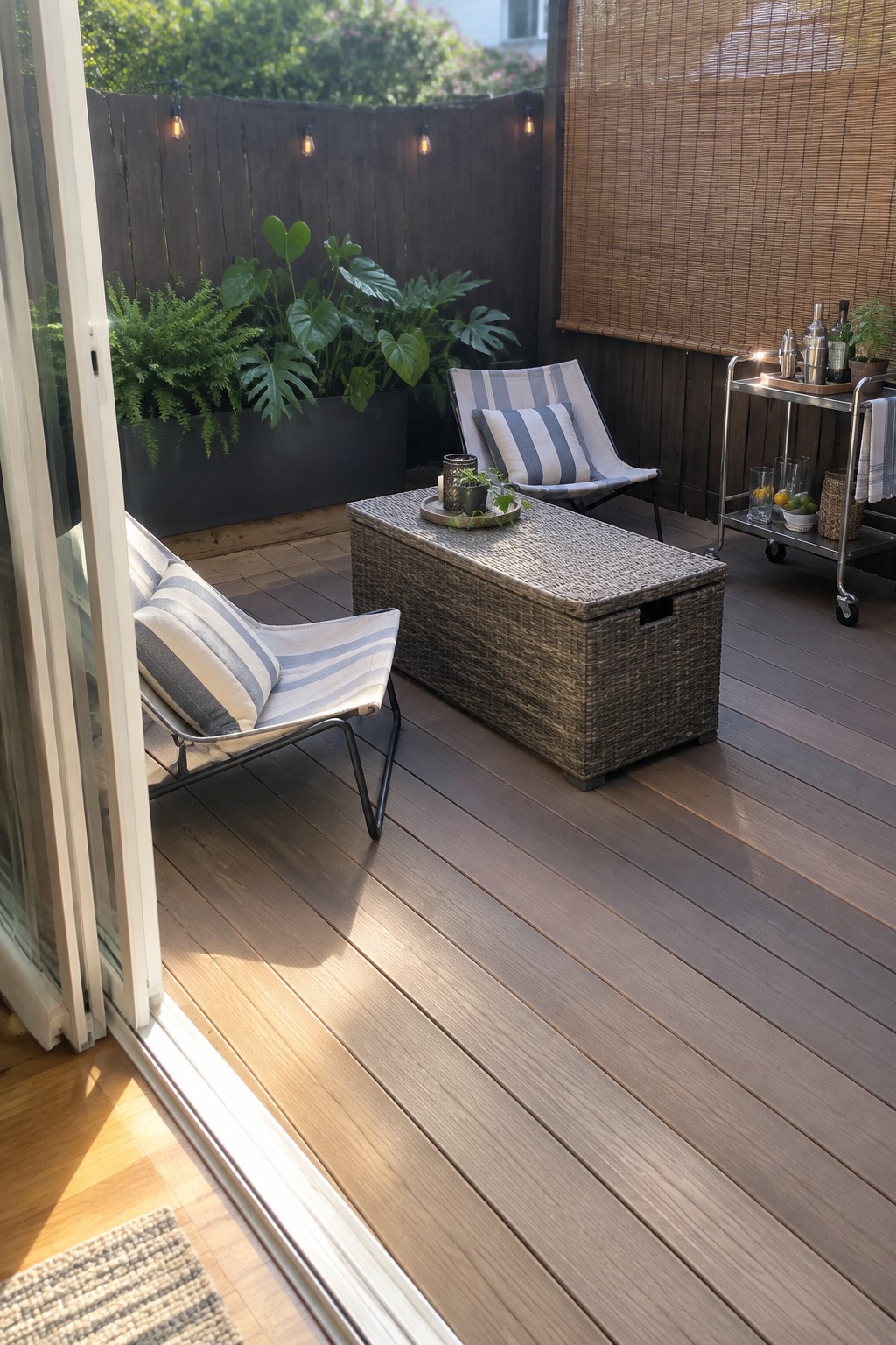 Striped lounge chairs and wicker chest on wooden deck with bar cart and plants