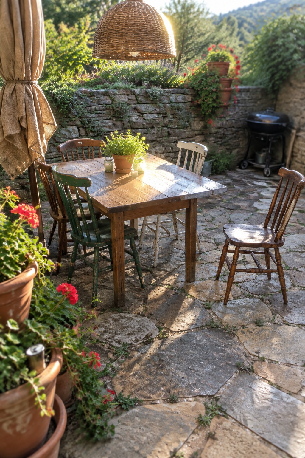 Rustic wooden table with mismatched chairs on sunlit stone patio amid potted flowers.