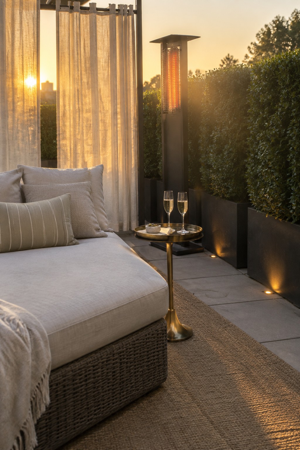 An outdoor patio at sunset features a cushioned daybed, a round side table with two champagne glasses, a tall patio heater, hanging sheer white curtains, and tall hedges in dark planters.