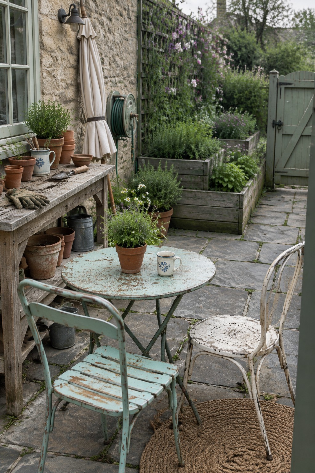 A small round table with two painted metal chairs sits on a stone patio next to a stone house, surrounded by potted plants and gardening tools.