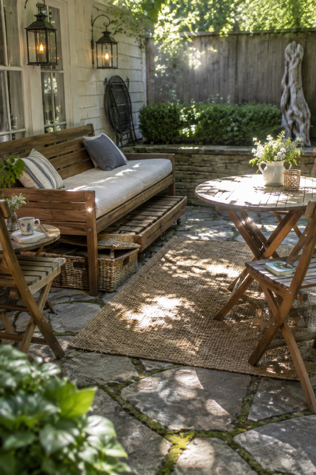 A wooden daybed with storage baskets underneath sits on a stone patio beside a round table and foldable chairs, with a large woven rug covering part of the pavers.