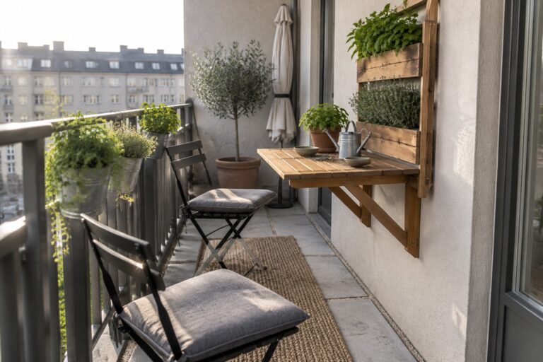Cozy balcony with fold-down wooden table, black chairs, potted plants, and woven rug.