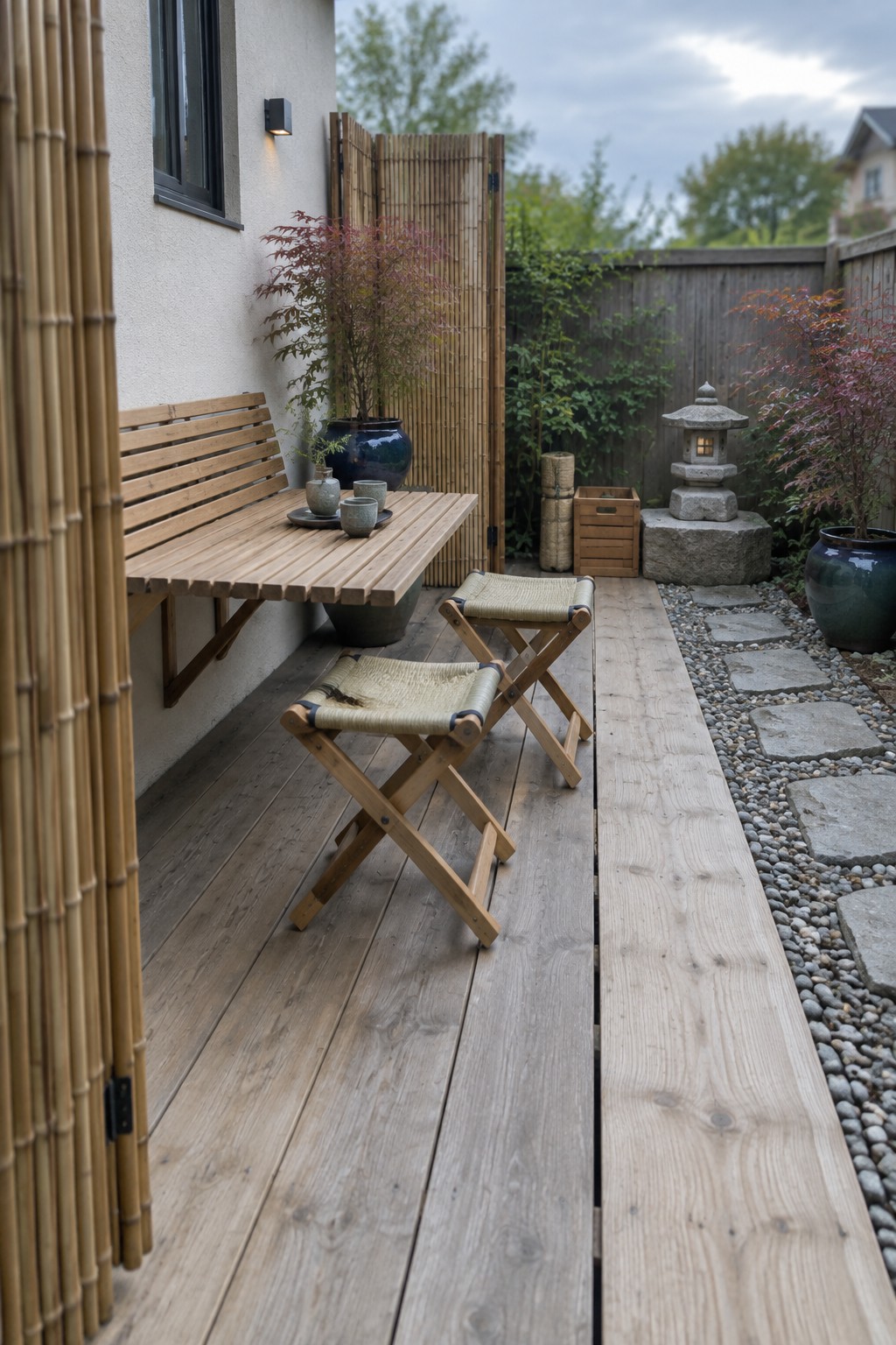 A narrow wooden deck patio features a wall-mounted fold-down table with two folding stools, bamboo screens, potted plants, and a gravel path with stone lanterns.
