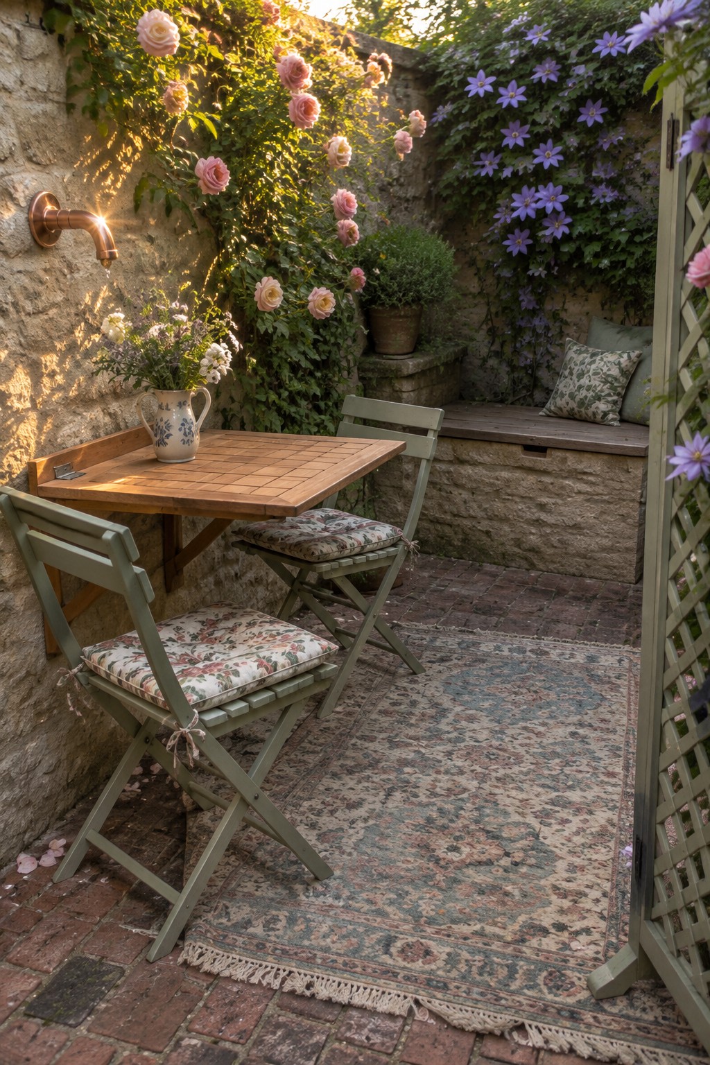 A compact outdoor patio with a wooden fold-down table mounted on a stone wall, two sage green folding chairs with floral cushions, and a patterned rug over brick pavers.