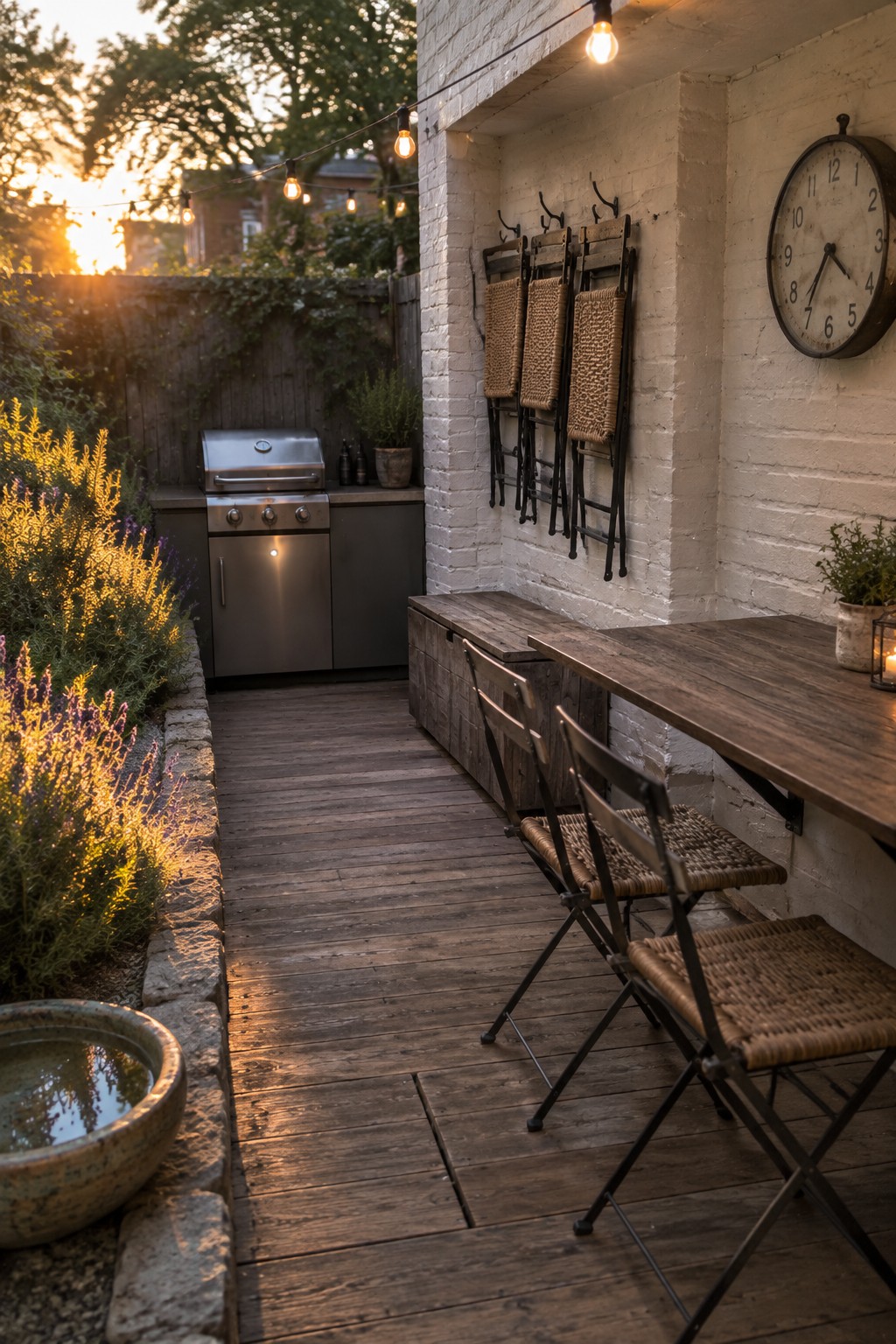 A narrow wooden deck patio features a long wall-mounted table, several foldable metal chairs with woven seats, a stainless steel grill on a cabinet, string lights, and a white brick wall with hanging woven items.