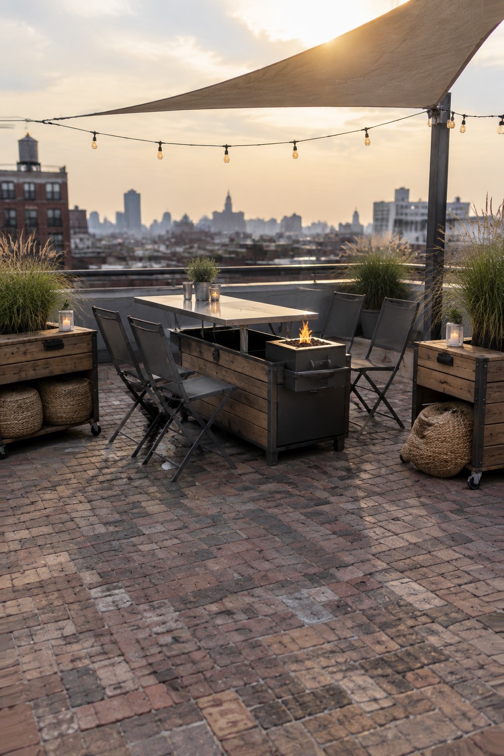 Rooftop brick patio with fire pit table, chairs, string lights, and city skyline at dusk.
