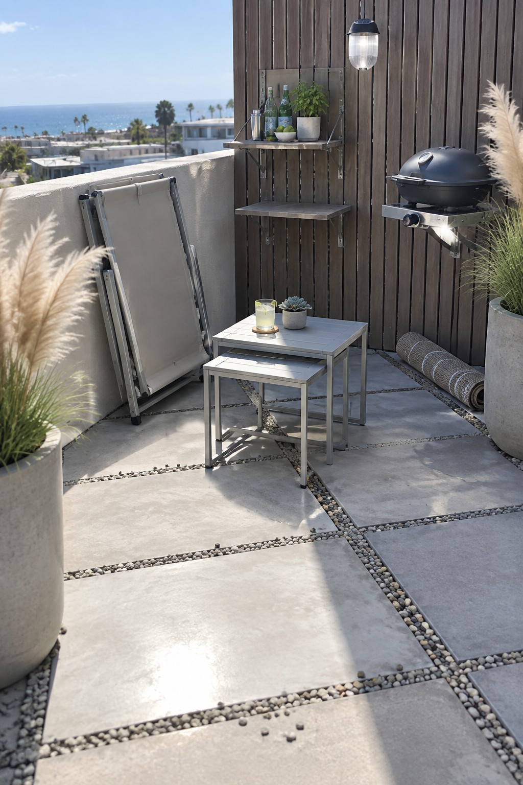A small outdoor patio with a folded lounge chair leaning against the wall, nesting tables holding a drink, a wall-mounted grill, and potted plants on a tiled surface.