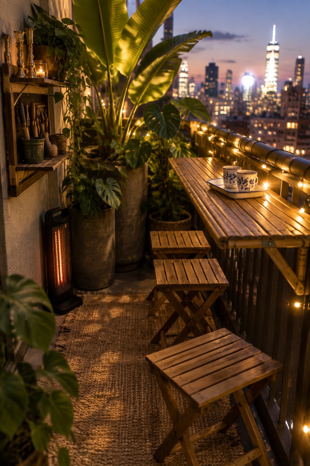 Narrow balcony at dusk with wooden slatted table, two blue patterned mugs on a tray, several foldable wooden stools, potted plants, string lights along the railing, and a glowing city skyline.