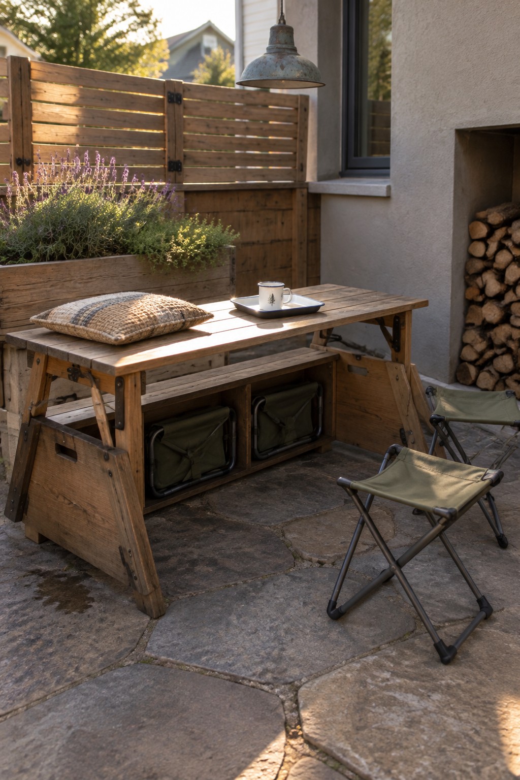Rustic wooden table with storage bins, pillow, tray, and two green folding stools on patio.