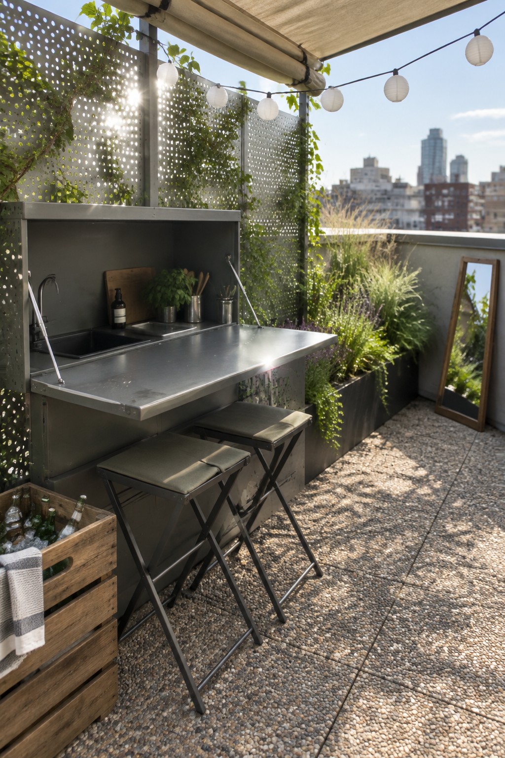 An outdoor patio with a stainless steel bar counter, two foldable stools with gray seats, a wooden crate of bottles, and potted plants along a perforated metal screen.