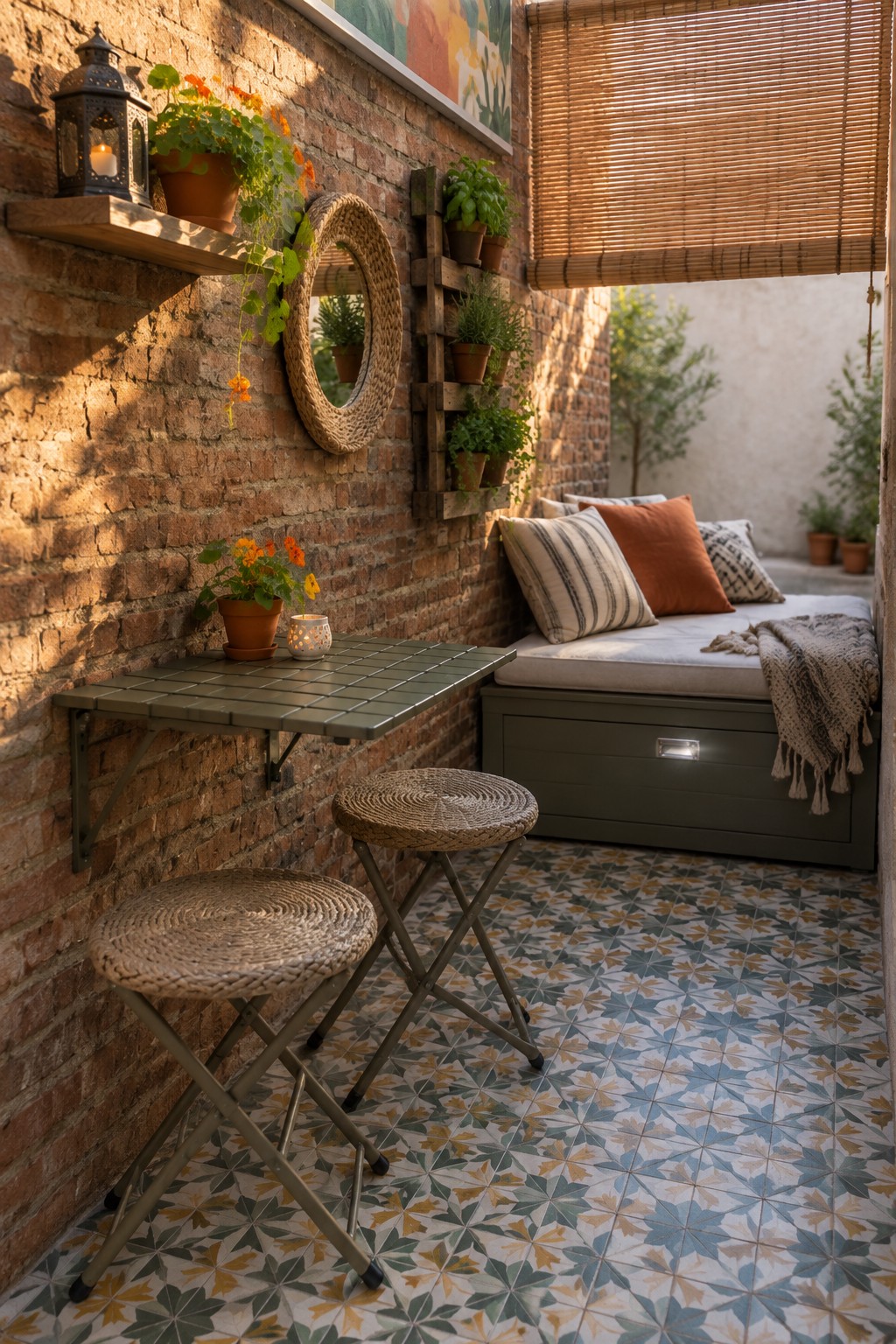 A compact outdoor patio with a brick wall, a green fold-down table mounted on brackets, two woven folding stools, potted plants, and a storage bench with cushions.