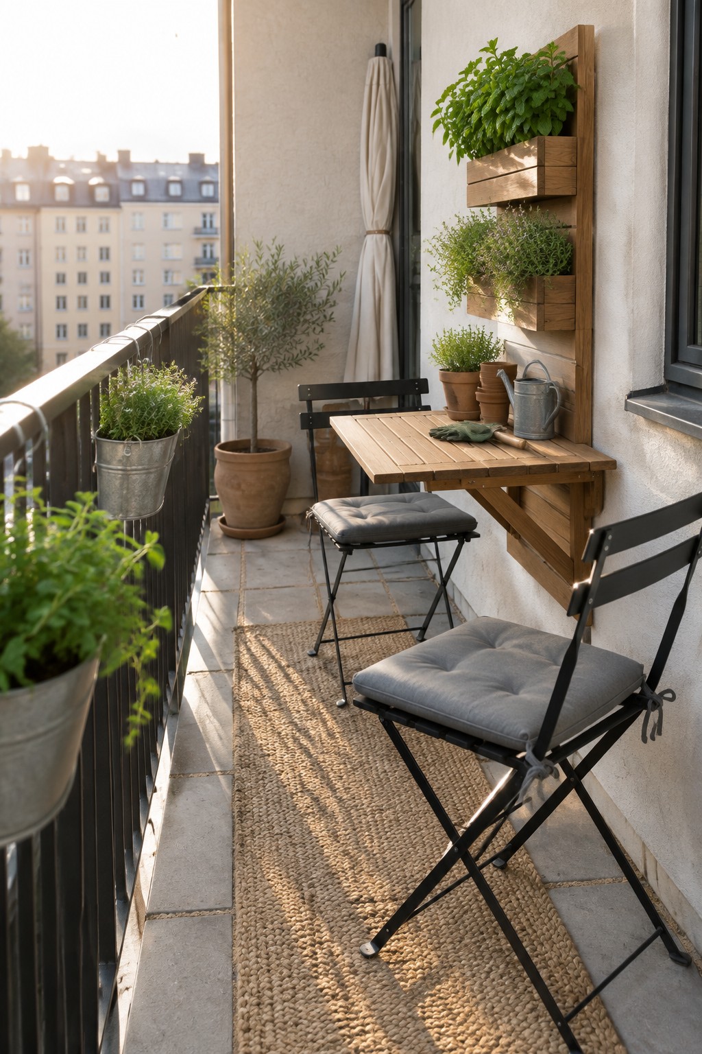 Cozy balcony with fold-down wooden table, black chairs, potted plants, and woven rug.