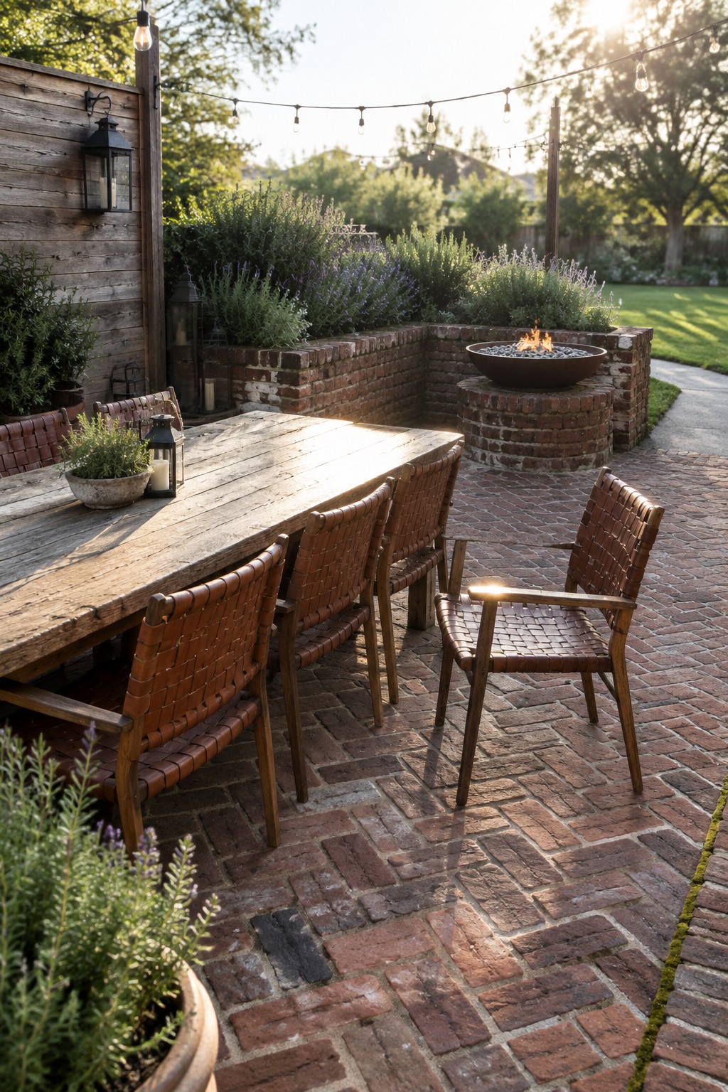 A reclaimed brick patio with a raised circular fire pit in a metal bowl, low brick walls around it, and a wooden dining table with woven leather chairs beside it.