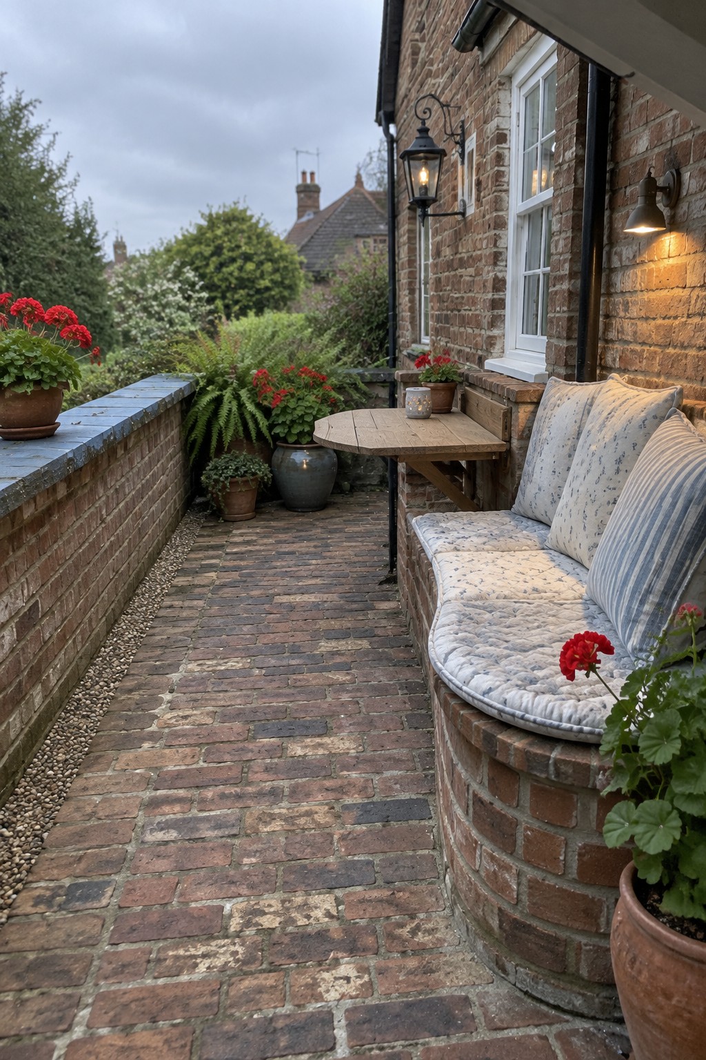 A brick patio with a curved built-in bench topped with cushions, next to a brick house wall with windows, potted red flowers, and a small wooden table.