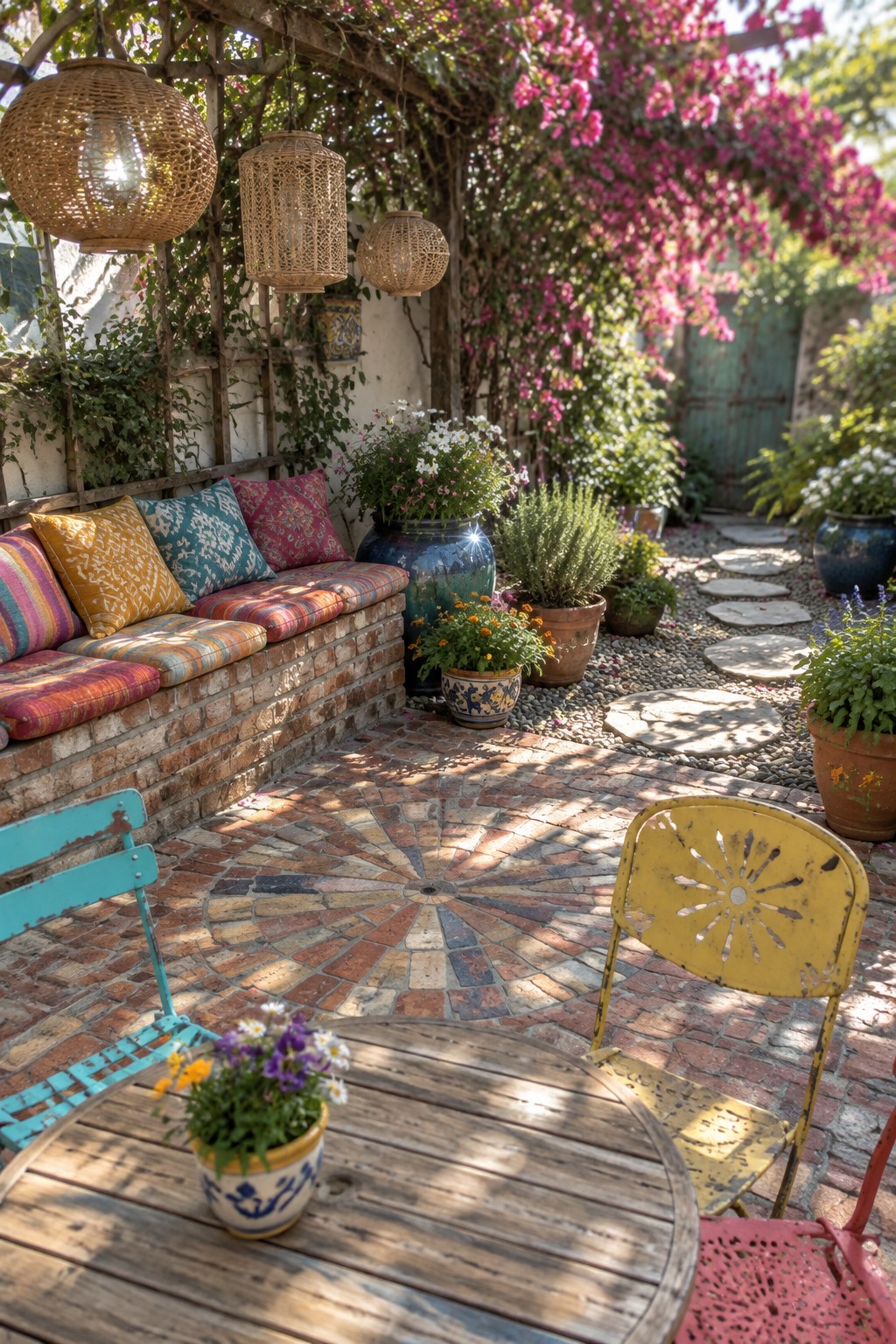 A brick patio featuring a circular sunburst pattern of reclaimed bricks, with a round wooden table, colorful metal chairs, a built-in bench with cushions, and potted plants under a vine-covered pergola.
