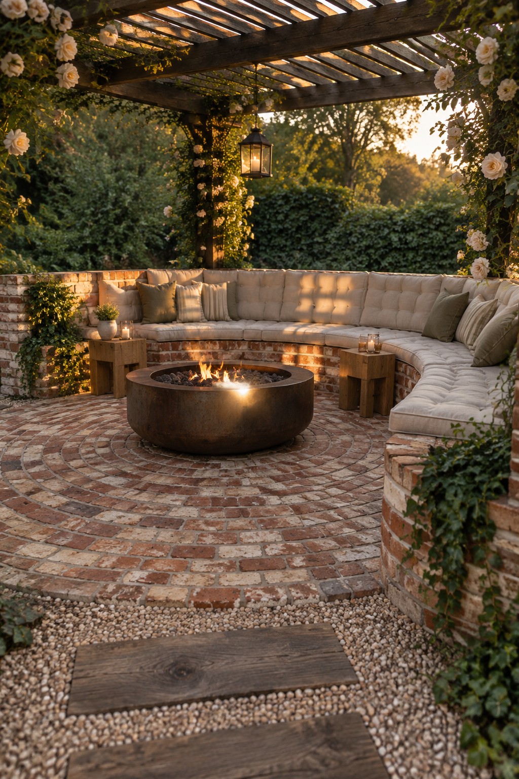A circular reclaimed brick patio with a central metal fire pit, surrounded by a low curved brick wall topped with cushioned seating under a wooden pergola.
