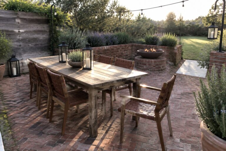 18 Timeless Brick Patio Ideas Using Reclaimed Brick A reclaimed brick patio with a raised circular fire pit in a metal bowl, low brick walls around it, and a wooden dining table with woven leather chairs beside it.