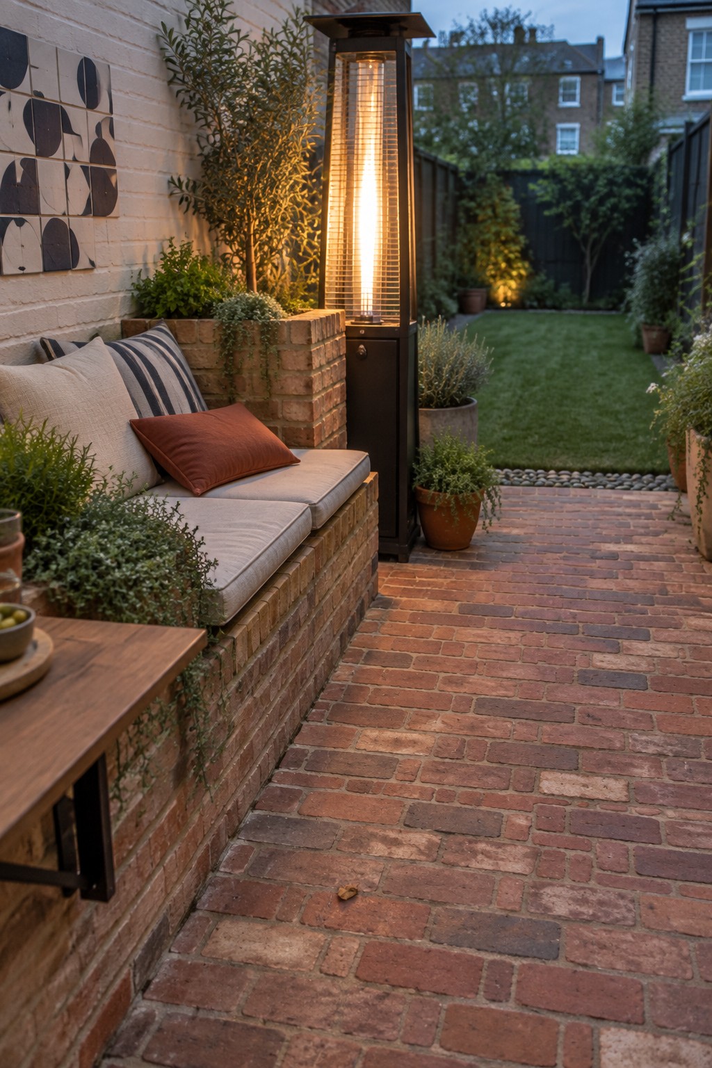 Cozy brick patio with cushioned bench, glowing heater, and garden at dusk.