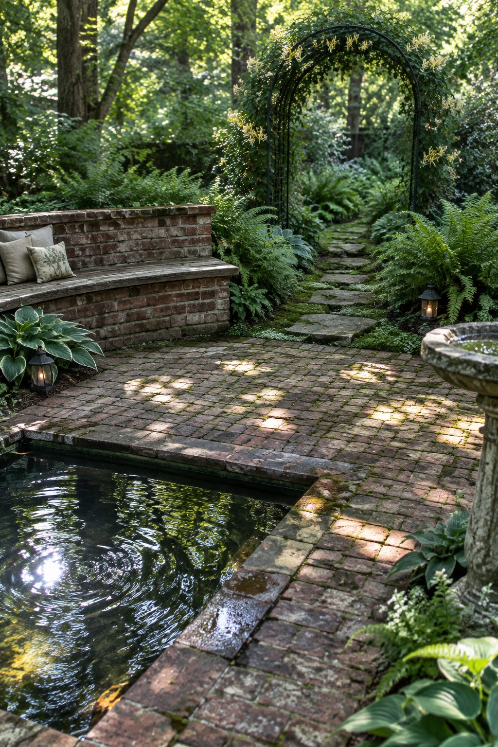 A reclaimed brick patio with a rectangular pond set into the surface, moss along the edges, a vine-covered arch overhead, and a stone path leading through ferns and hostas.