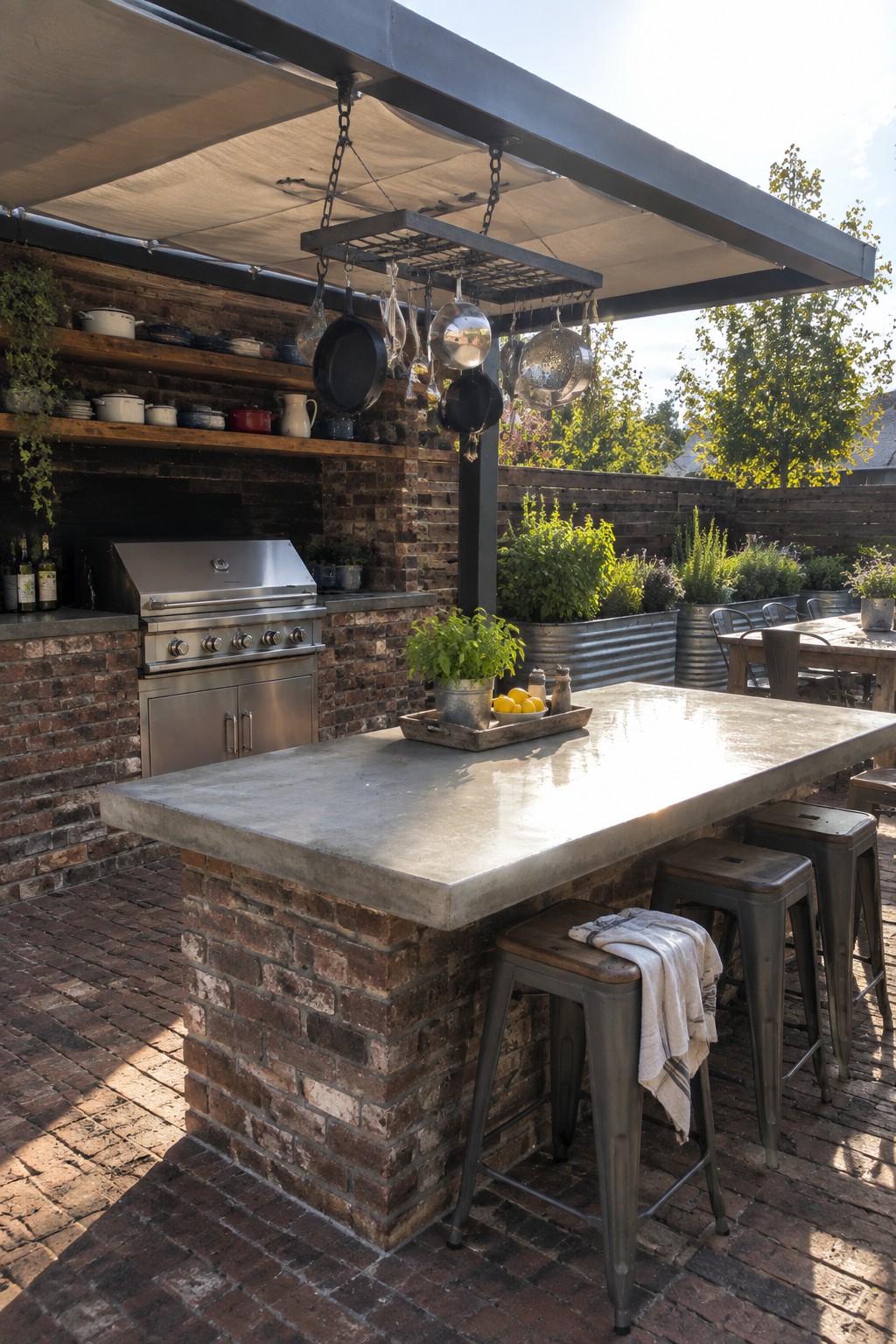Rustic outdoor kitchen with brick island, concrete counter, metal stools, hanging pots