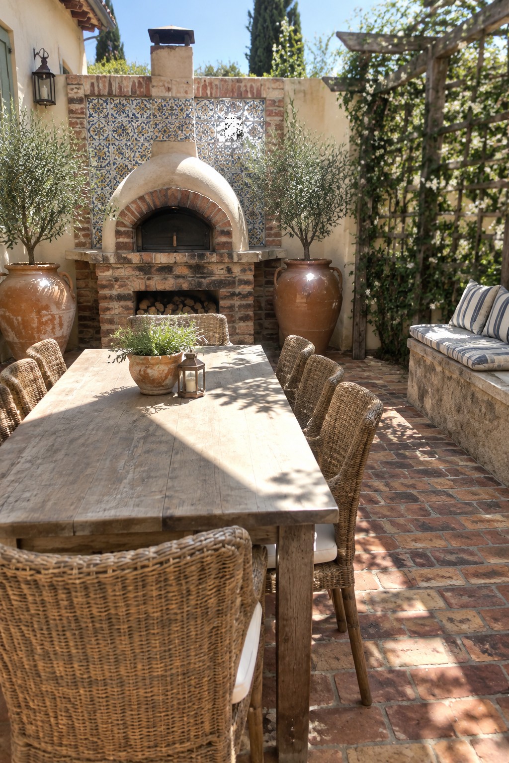 An outdoor patio with a long wooden dining table, woven chairs, and a built-in brick pizza oven on a reclaimed brick floor.