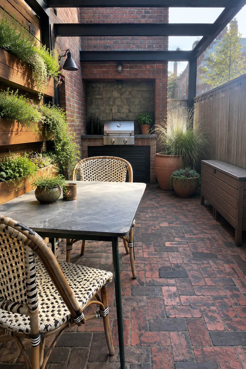 A brick patio with a stone-top table, woven chairs, a built-in stainless grill in a brick alcove, and several large terracotta pots with plants.