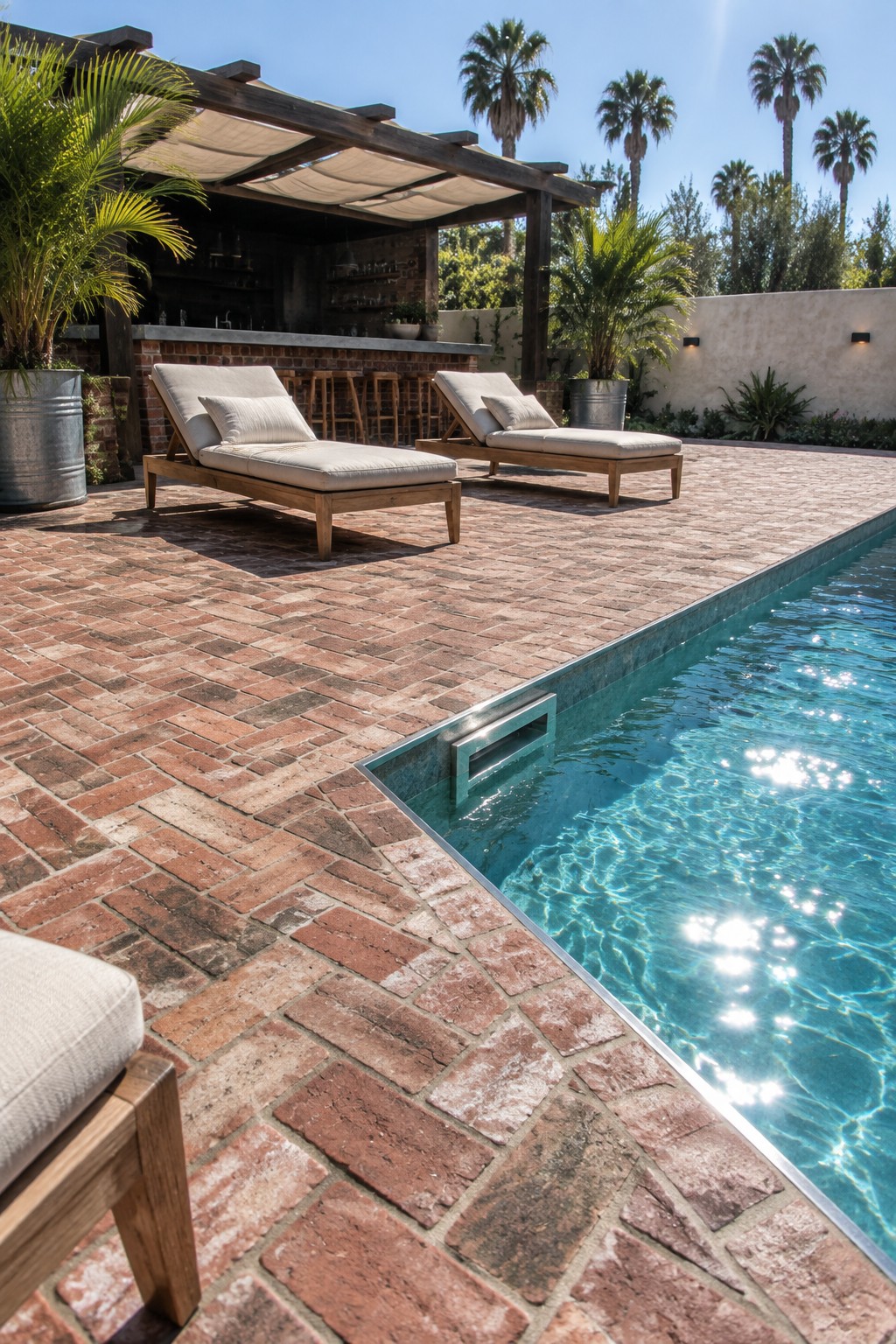 A reclaimed brick patio with two lounge chairs beside a swimming pool, an outdoor bar area, and palm trees in the background.
