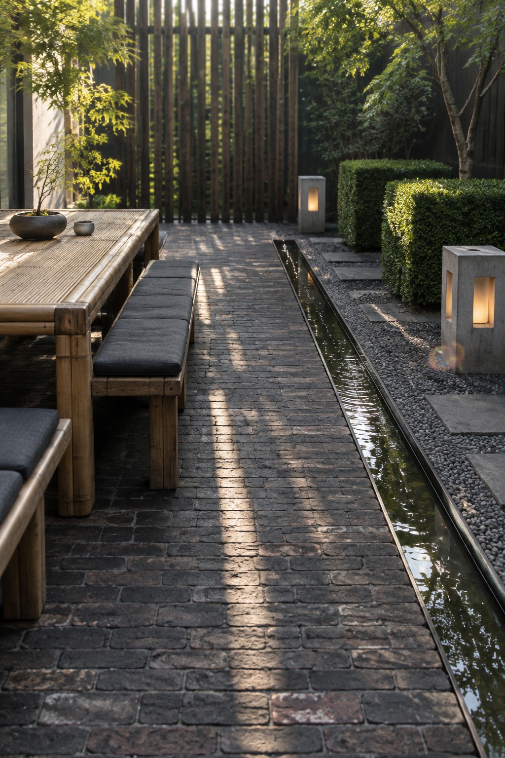 A long reclaimed brick patio with a narrow water channel running parallel to it, wooden benches on the left, and concrete lanterns with hedges on the right.