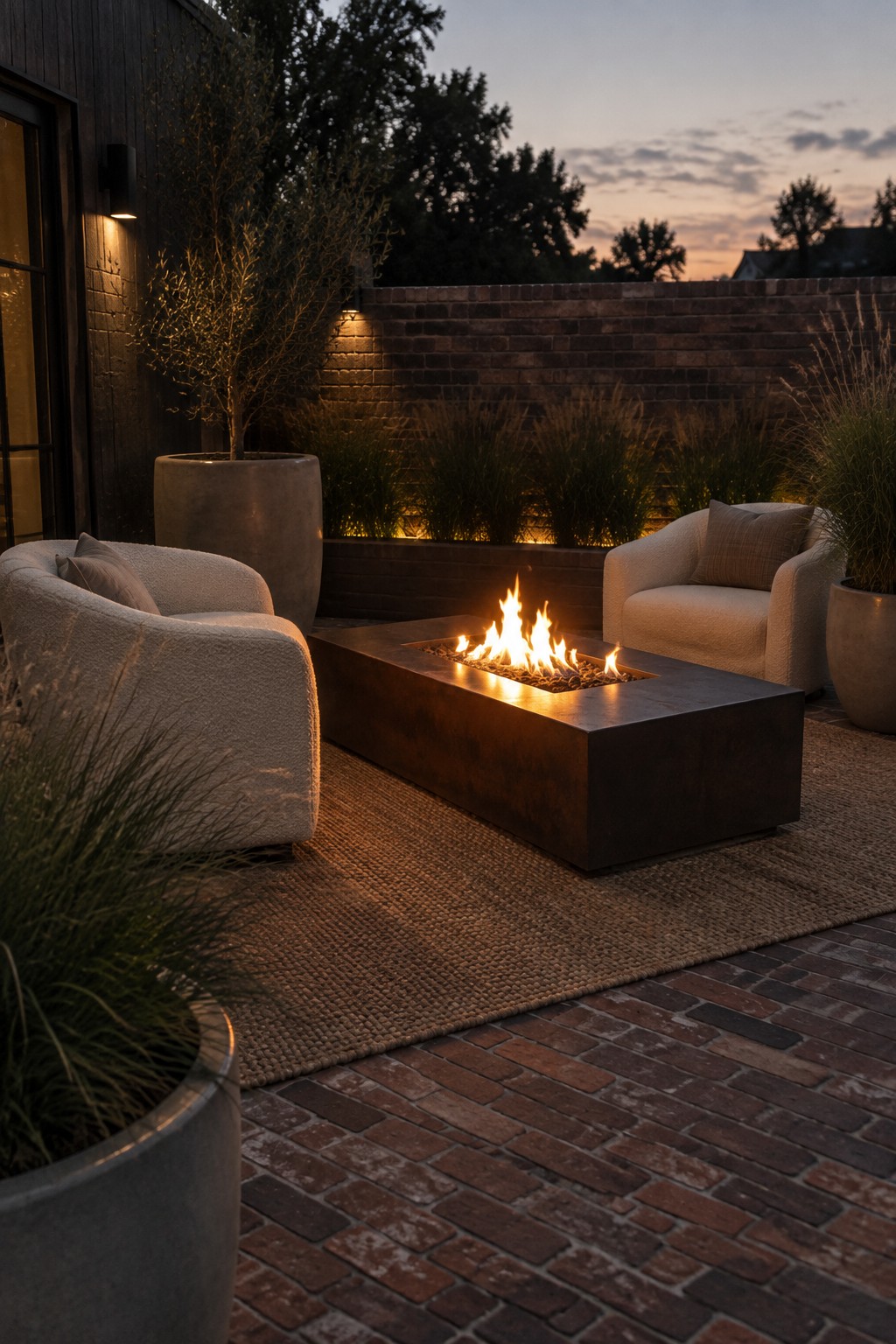 Rectangular fire pit with flames on woven rug between two beige armchairs on brick patio