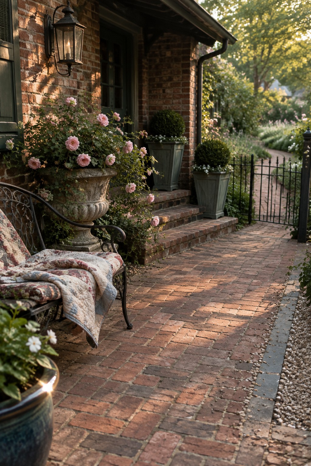 Pink roses in urn beside quilted bench on brick garden path