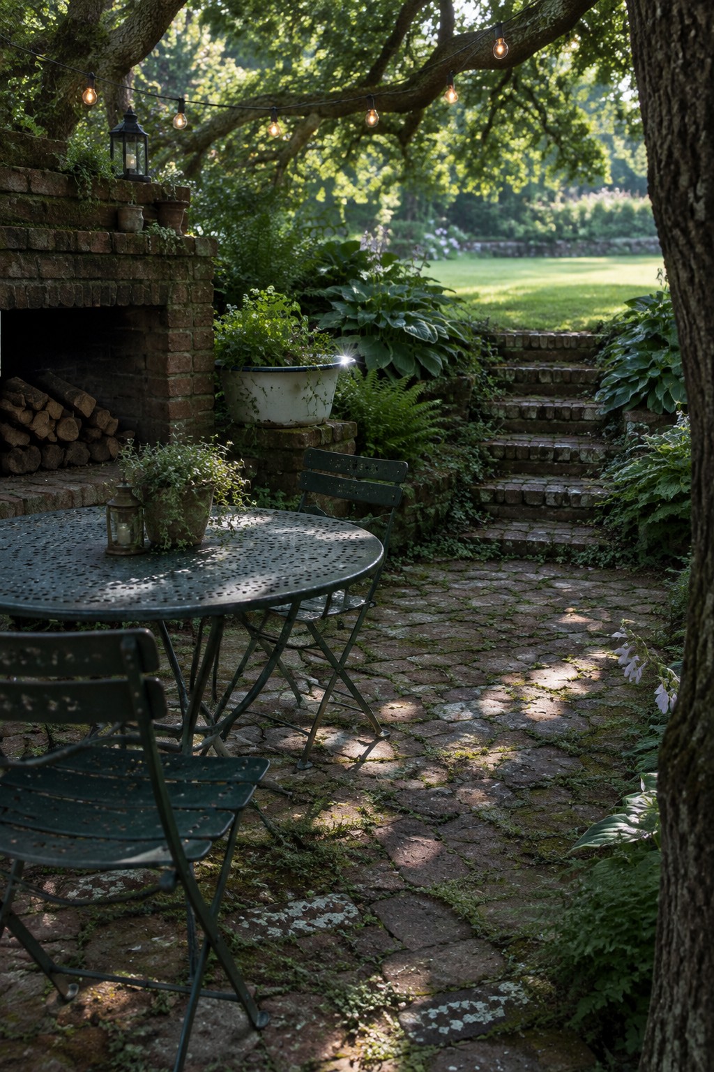 A garden patio made of old irregular bricks with a round metal table and chairs, a brick fireplace structure, brick steps, and string lights overhead.