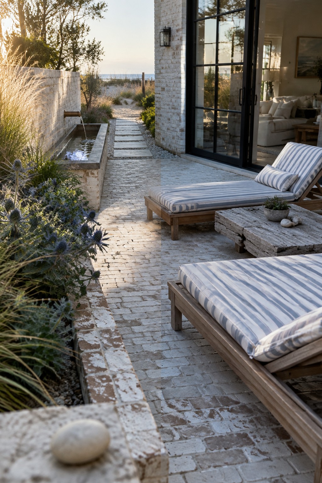 A reclaimed brick patio with two wooden lounge chairs, a water trough built into a low brick wall, and an open glass door leading into a living room.