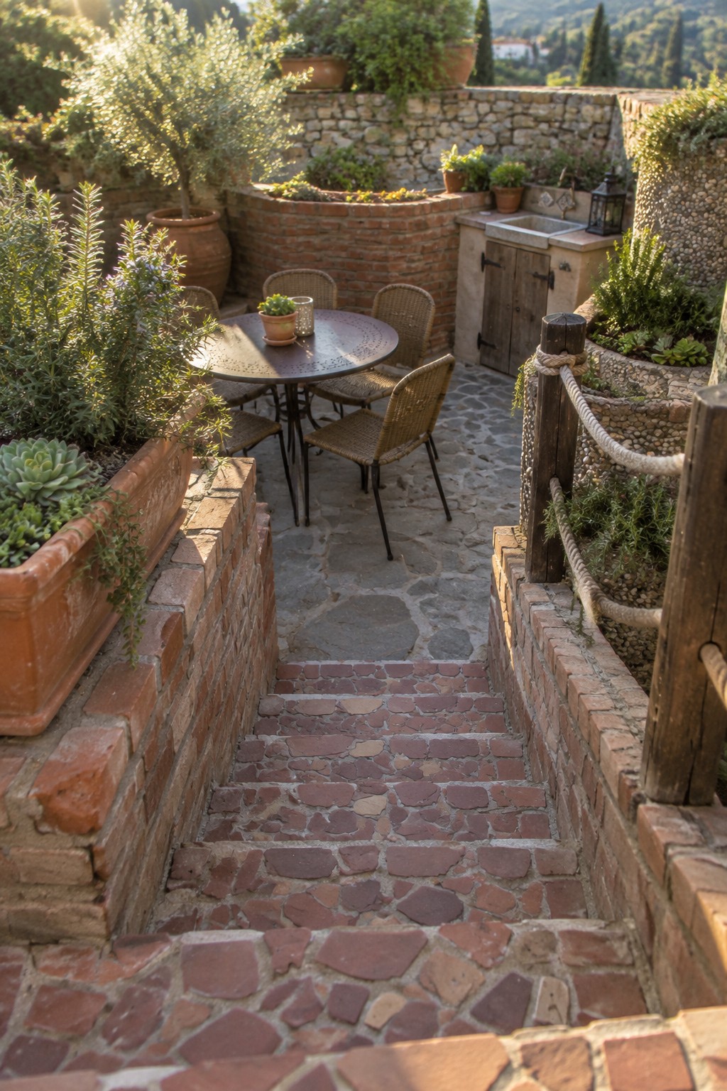 Brick steps lead up to a stone patio with a round table, wicker chairs, potted plants, and brick walls.