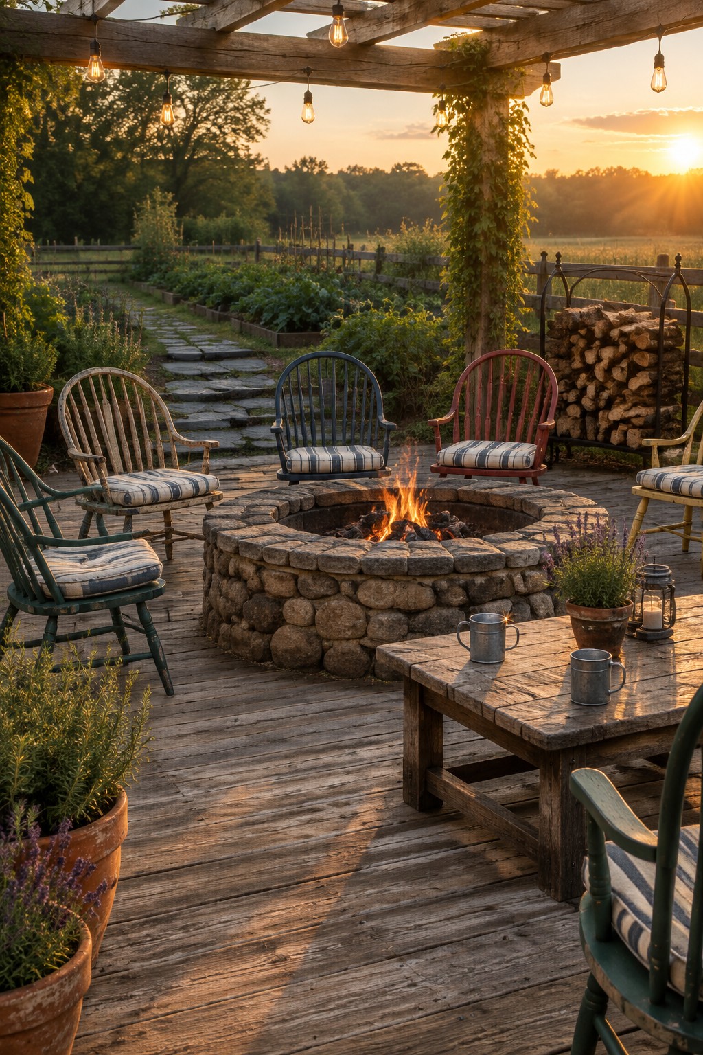 A circular stone fire pit surrounded by wooden chairs on a deck under a pergola with string lights at sunset.