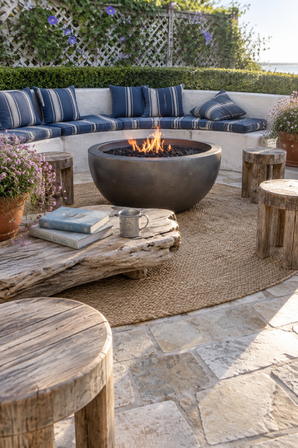 Cozy patio with fire pit, blue striped bench, rustic wooden stools, and driftwood table