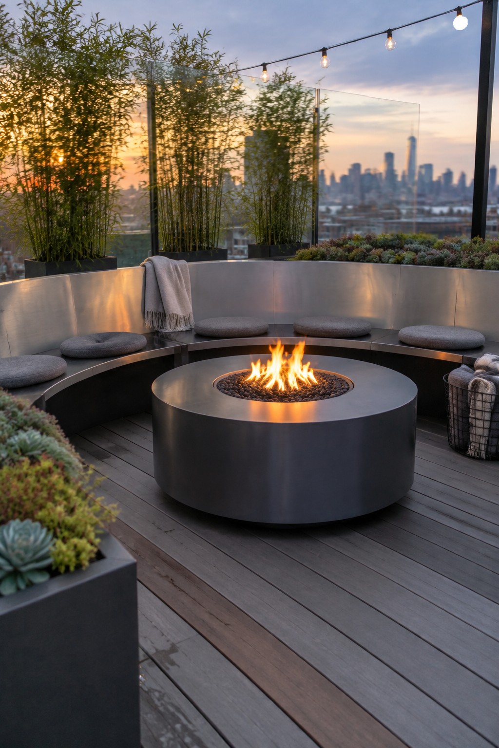 A rooftop terrace at dusk shows a round metal fire pit with active flames, surrounded by a curved metal bench with gray round cushions, potted bamboo plants along the edge, and a distant city skyline.