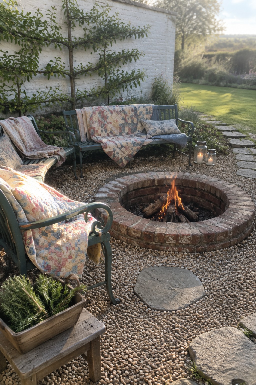 Round brick fire pit with flames amid quilt-covered benches on gravel patio