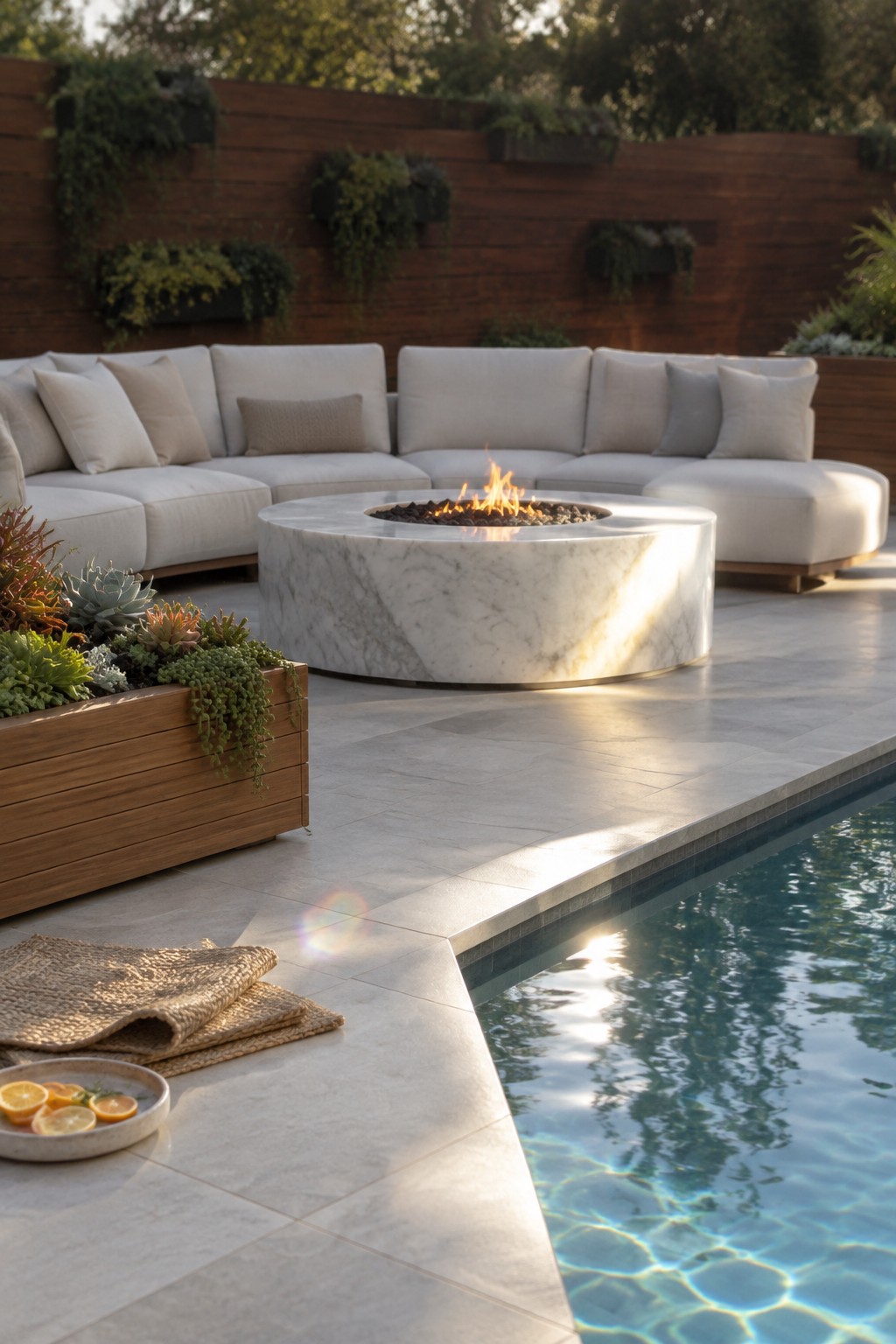 A circular marble fire pit with a burning flame sits at the center of a large curved white sectional on a tiled patio beside a swimming pool, with a wooden planter filled with succulents in the foreground.