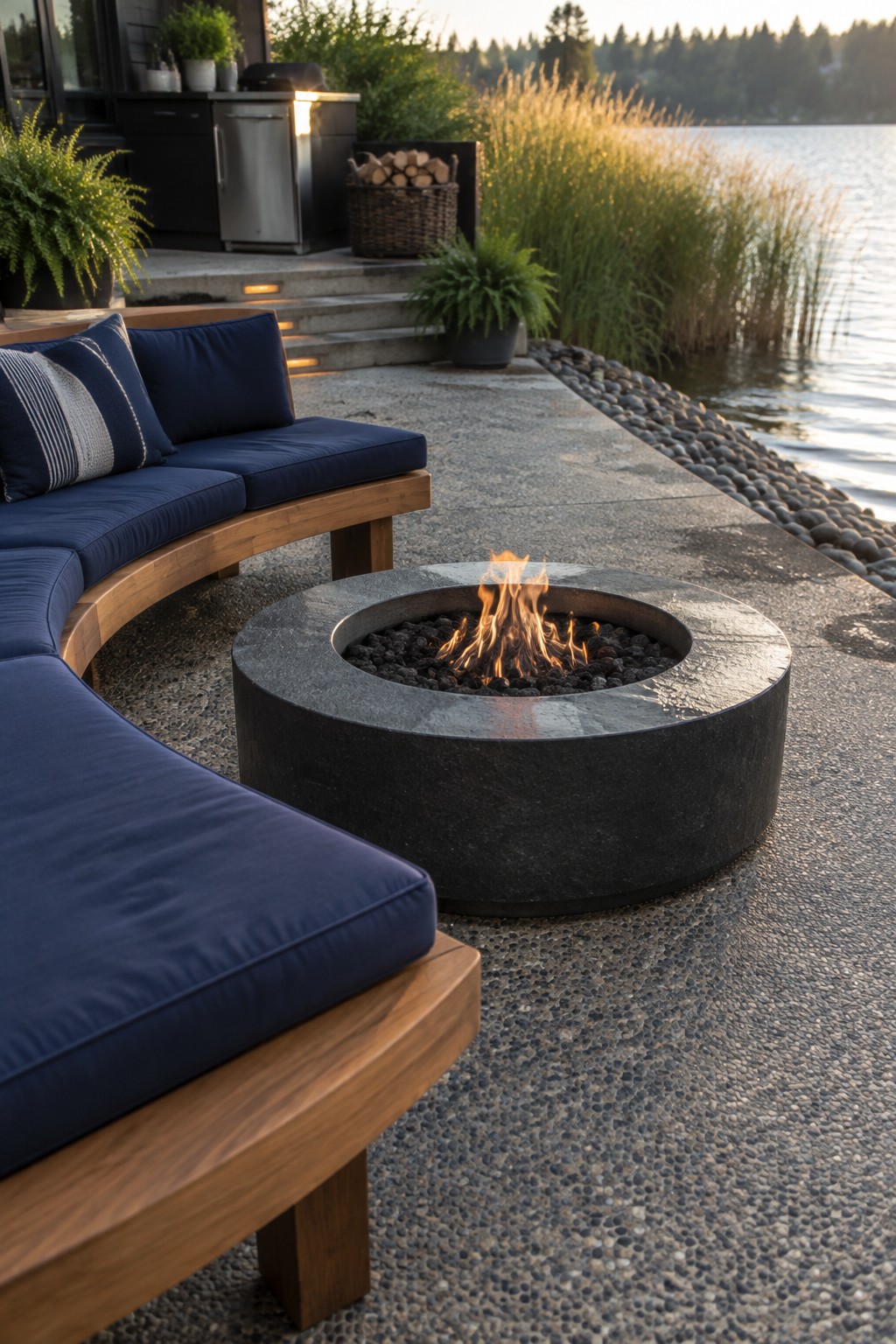 A round stone fire pit with burning wood sits on a concrete patio, surrounded by a curved wooden bench with blue cushions, next to a lake.