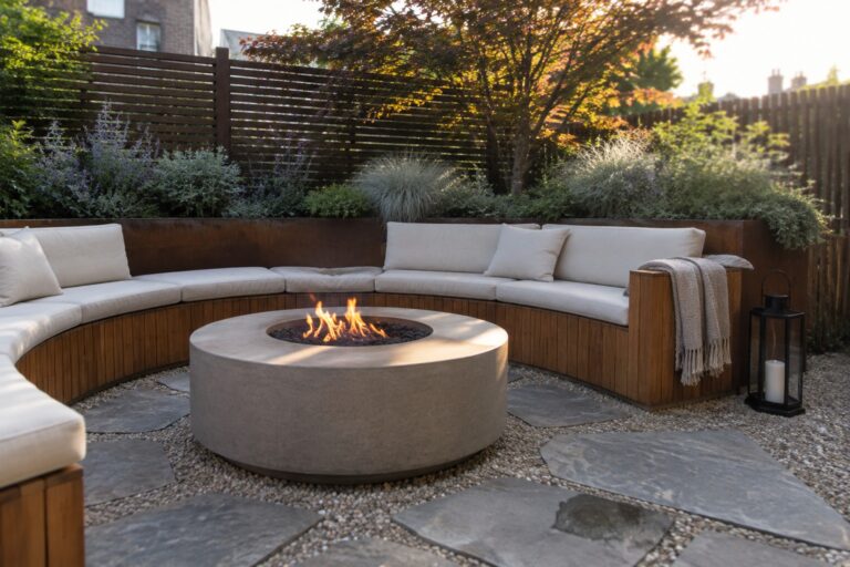 A round concrete fire pit with burning flames is surrounded by a curved wooden bench with light cushions on a stone and gravel patio bordered by plants and a wooden fence.