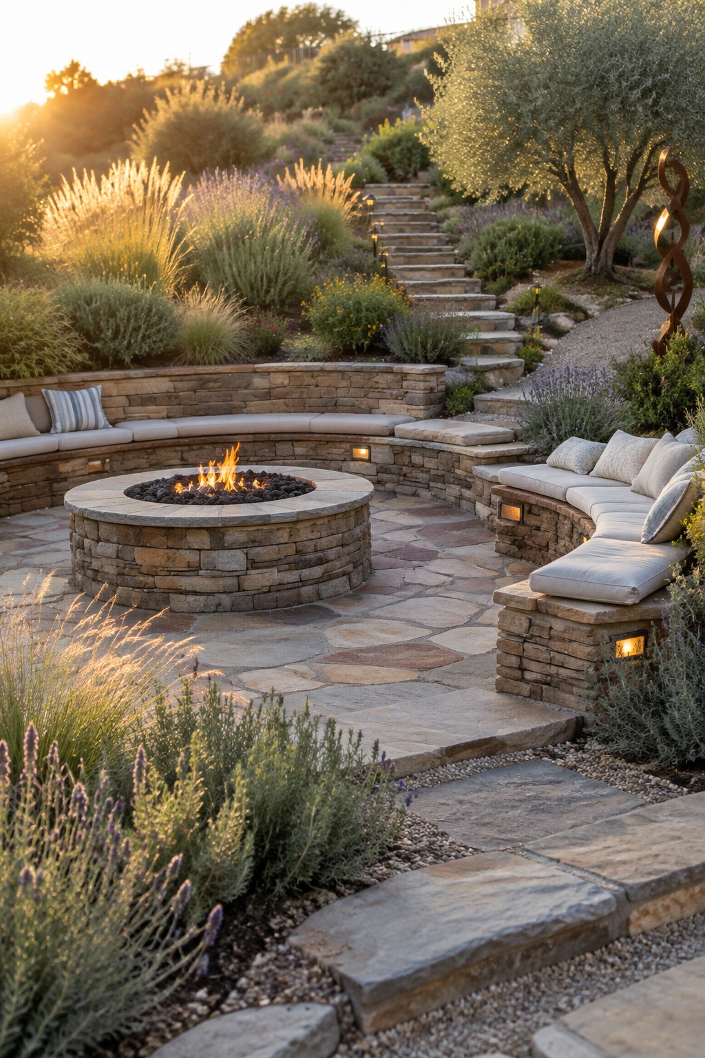A circular stone fire pit with curved built-in seating on a flagstone patio, surrounded by landscaping and garden stairs at dusk.