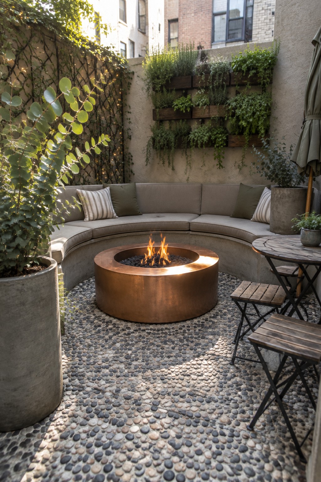 Copper fire pit on pebble floor amid curved sofa, plants, and string lights