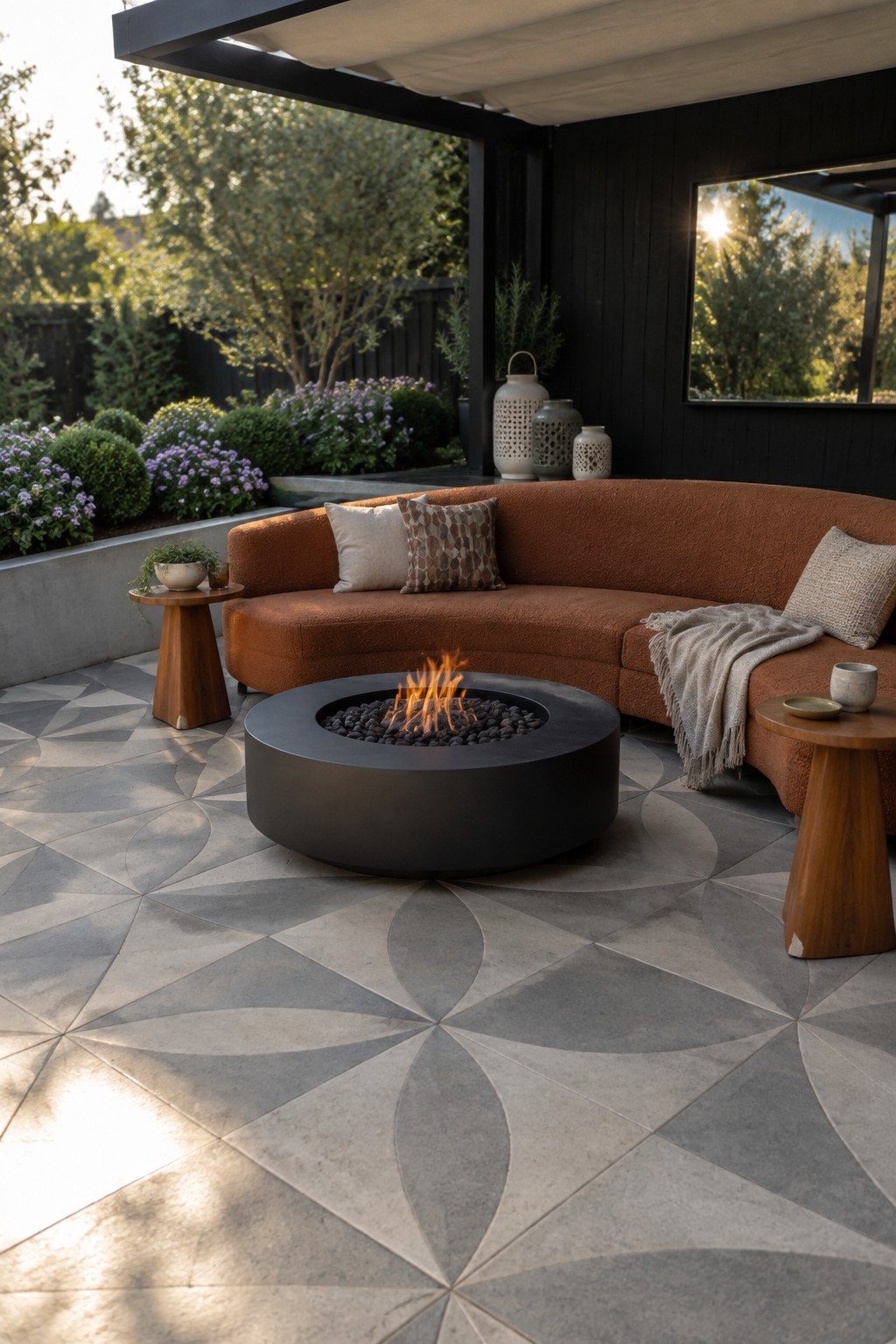 Curved orange sofa beside black fire pit on geometric tiled outdoor patio