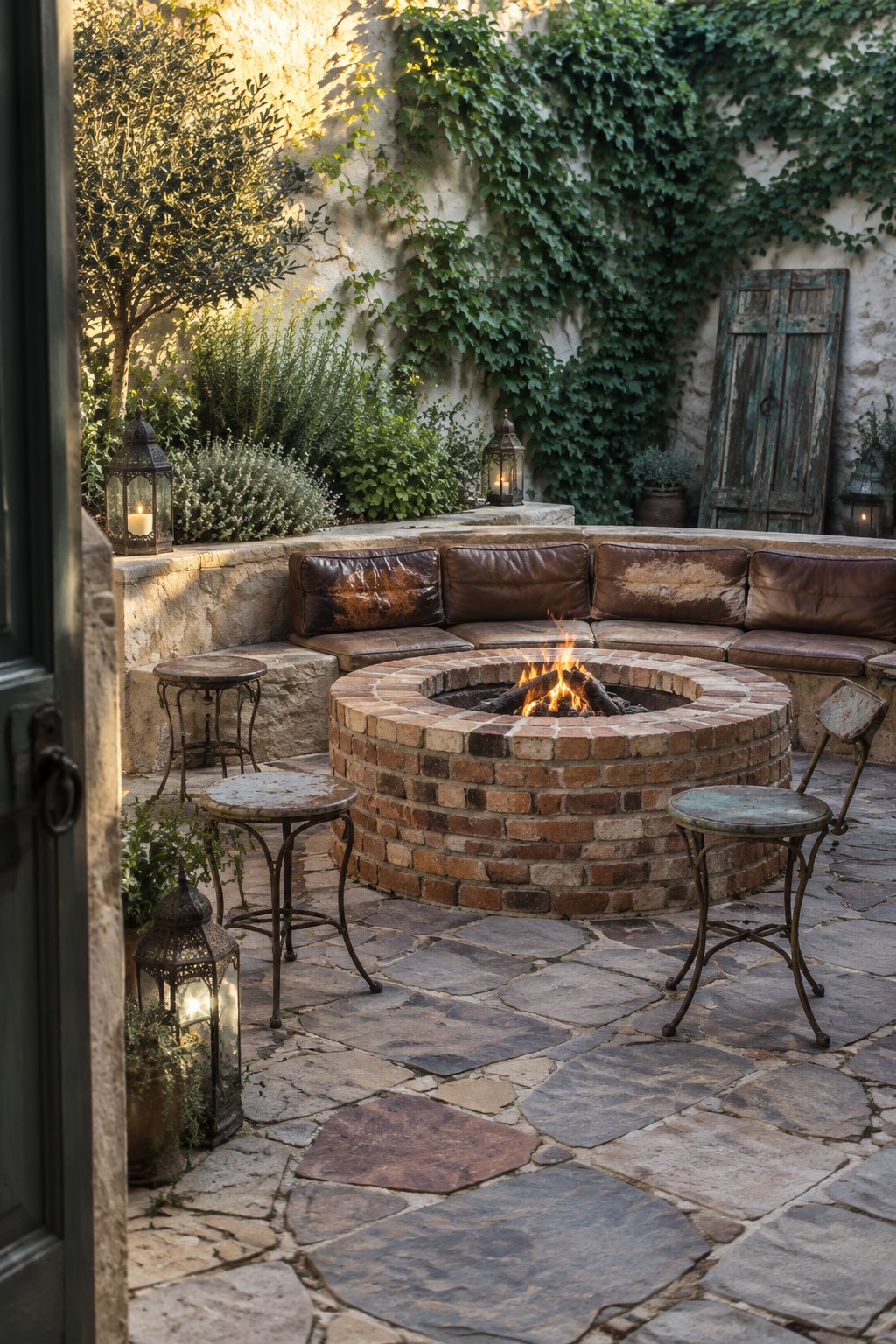 A circular brick fire pit with flames sits at the center of a stone patio, surrounded by a curved stone bench with brown cushions and several small metal tables.