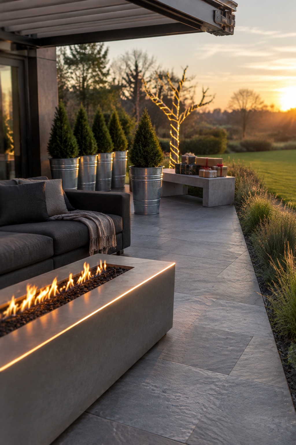 A modern stone patio at sunset with a lit rectangular concrete fire pit, dark outdoor sofa, metal planters holding evergreen shrubs, a concrete bench with wrapped gifts, and a small tree wrapped in string lights.