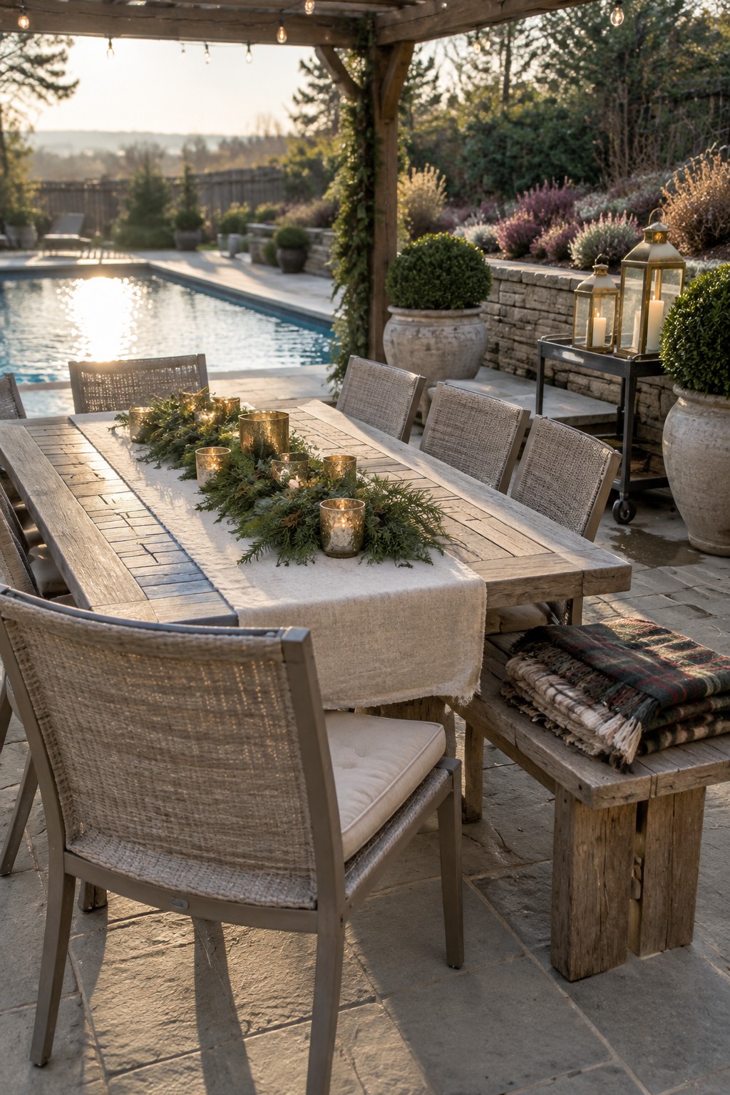 A wooden outdoor dining table with a linen runner, evergreen garland, and candles sits on a stone patio near a pool at dusk.