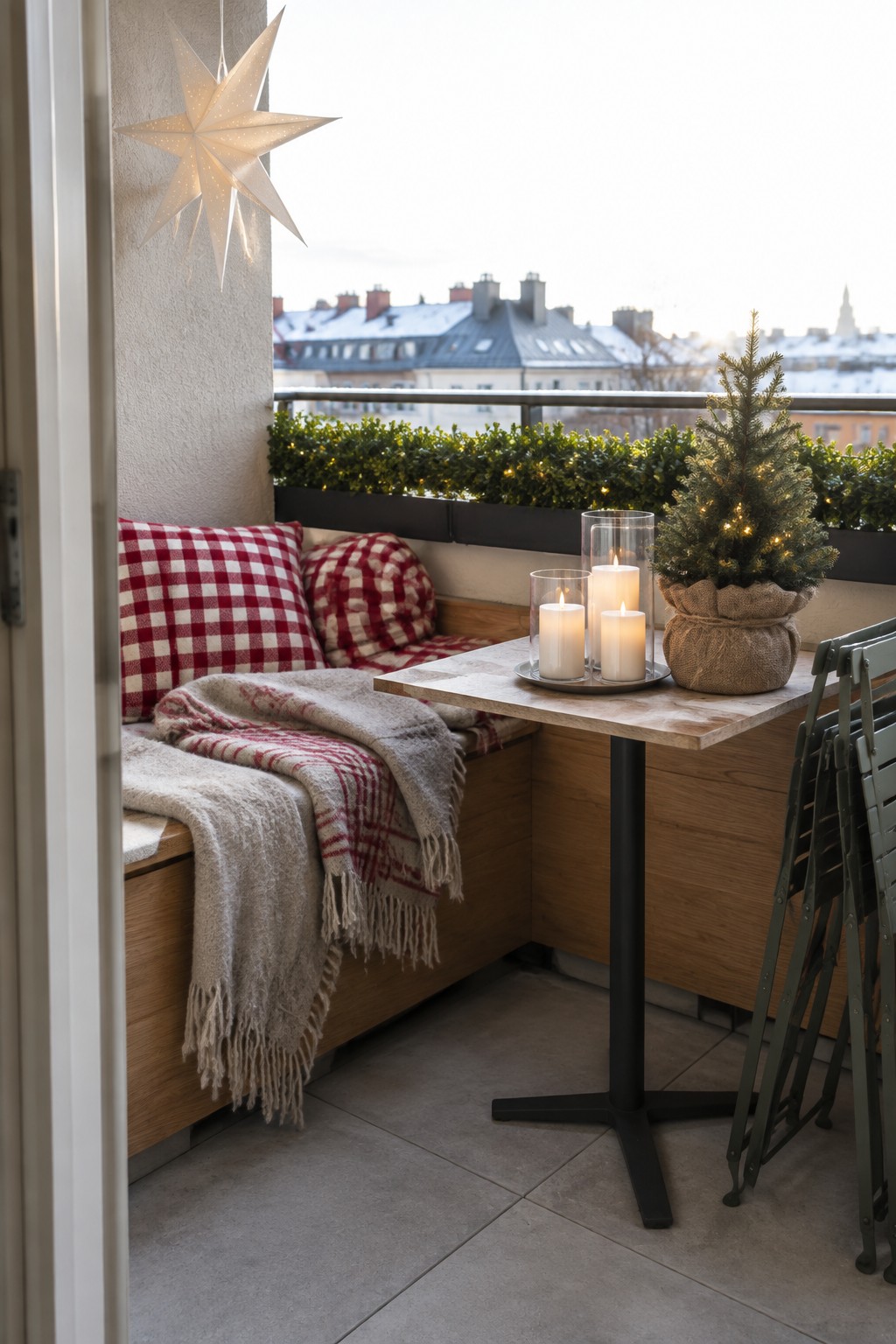 Cozy balcony with red checkered pillows, plaid blanket, lit candles, and small Christmas tree