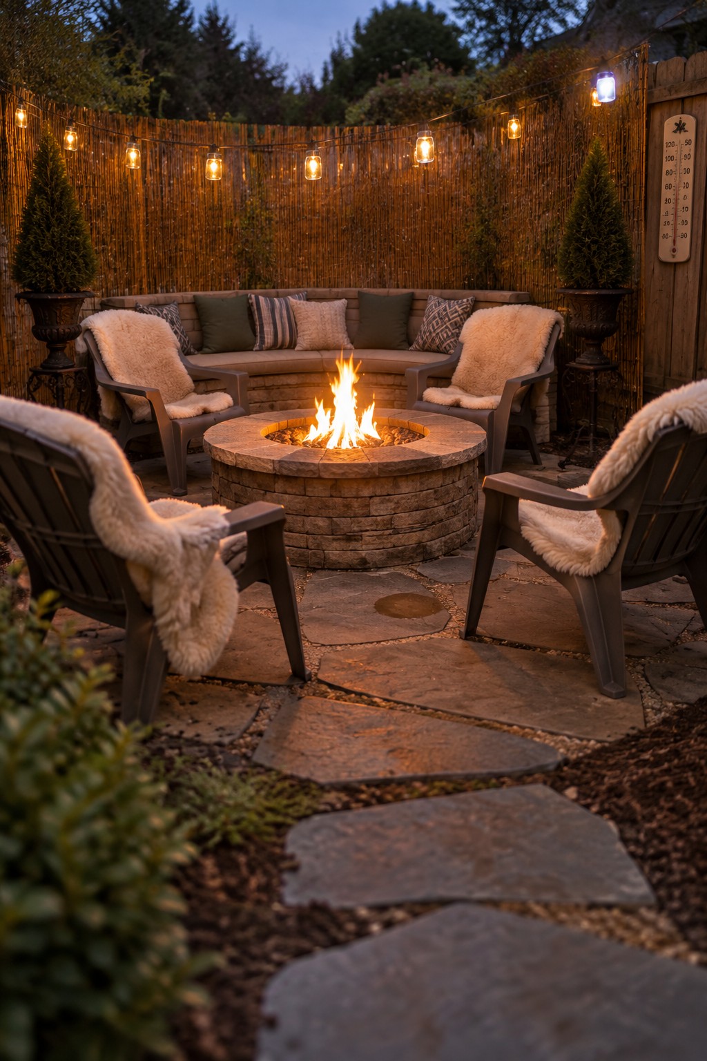 A backyard patio at dusk featuring a lit circular stone fire pit, four gray chairs with white fur throws, a curved cushioned bench, string lights on a wooden fence, and a stone pathway in the foreground.