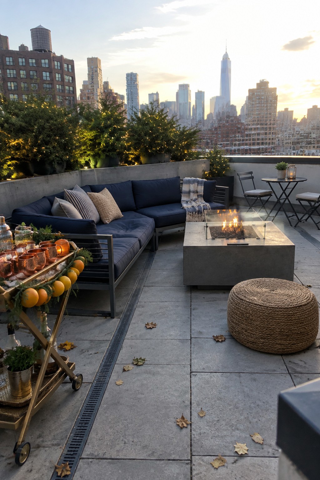 A rooftop patio at dusk features a blue sectional sofa arranged around a rectangular concrete fire pit with visible flames, a gold bar cart with citrus and copper mugs nearby, and a woven ottoman, with string lights on greenery and a city skyline in the background.